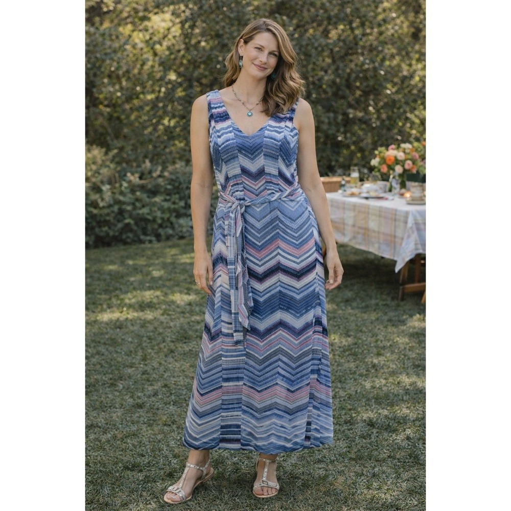 Boho Summer Chicos Blue Purple Stripe V Neck Maxi Dress Belt Size L 12/14 NWT‎